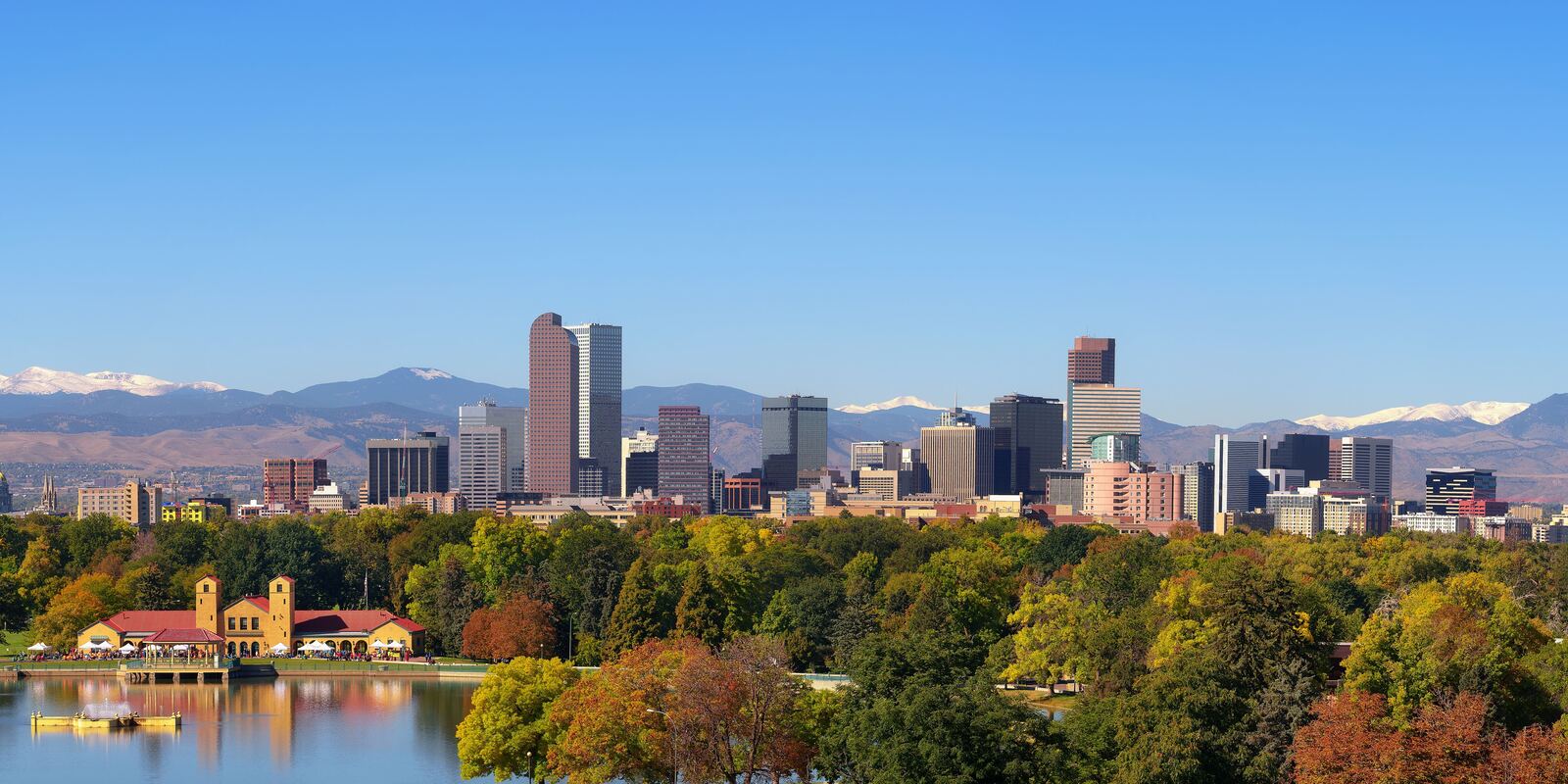 The Denver skyline with mountains in the distance